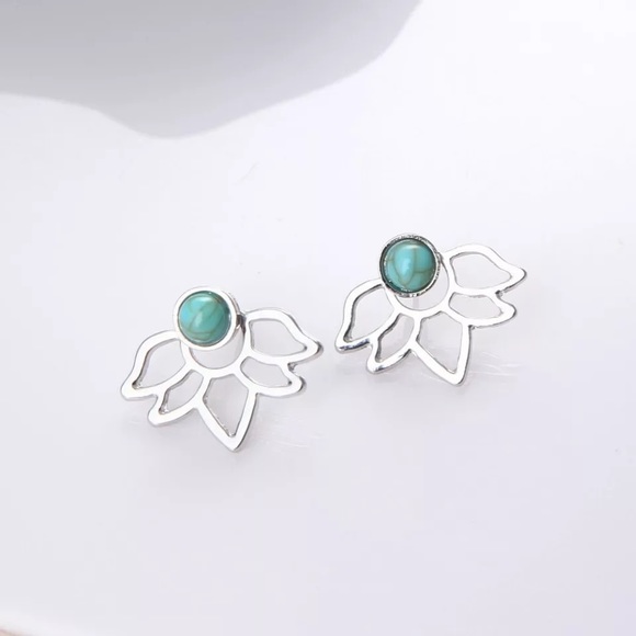 Silver Lotus Flower Green Stone Jacket Earring - Picture 2 of 5